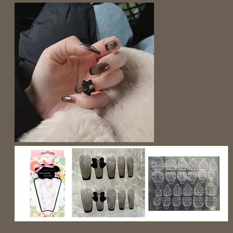 24pcs decorated false nails Transparent purple bow with long round head falis nails Manicure patch acrylic nail tips-Nail Inspo