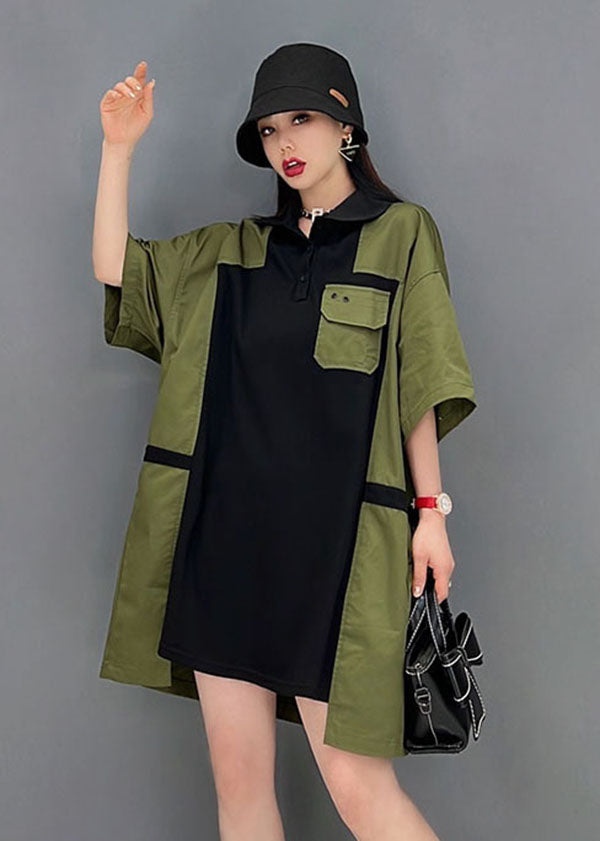 VCSHOES Original Design Green Peter Pan Collar Patchwork Cotton Long Shirt Short Sleeve