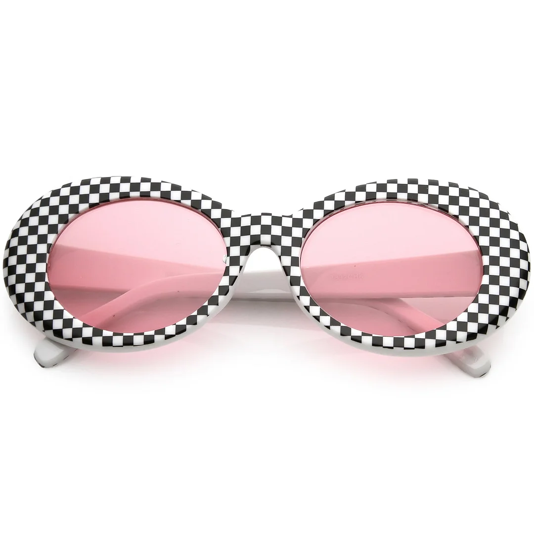 Large Retro Checkered Oval glasses Thick Frame Colored Lens Wide Arms 53mm