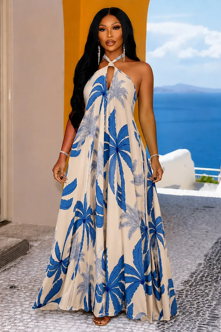 Halter Cut Out Palm Tree Print A-Line Vacation Maxi Dresses-Blue Blue-S Halter Cut Out Palm Tree Print A-Line Vacation Maxi Dresses-Blue Blue-S