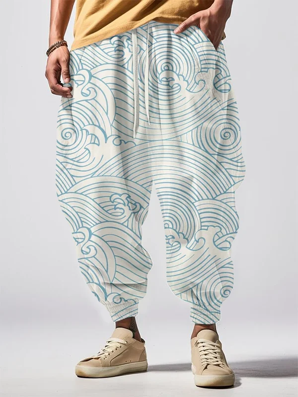 Men's Japanese Art Wave Pattern All Over Print Loose Drawstring Waist Sweatpants