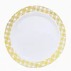 10 Pack | White 7.5" Gold Buffalo Plaid Rim Plastic Dessert Plates, Round Appetizer Salad Plates W/Checkered Rim