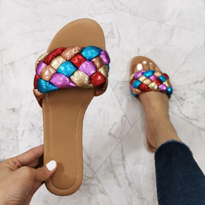Vstacam  2022 Summer Women's Sandals Shoes Flat Woman Slides Outdoor Beach Party Shoes Color Weave Female Slippers Large Size 37-41
