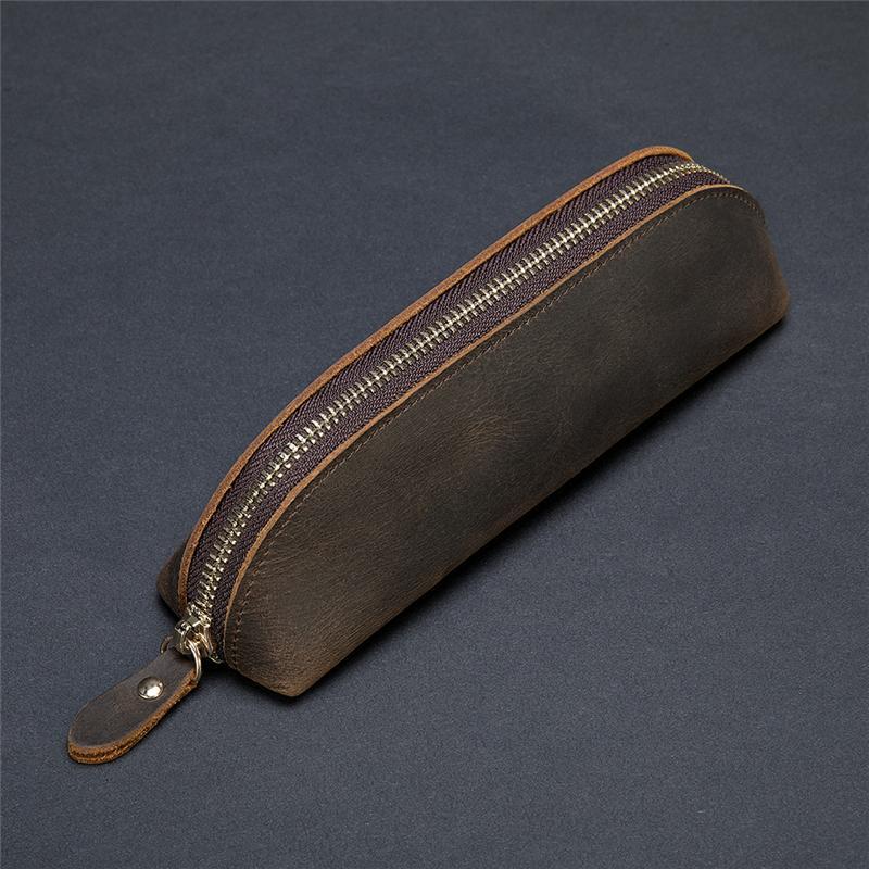 Genuine Leather Zippered Main Compartment Mobile Office Pencil USB Pouch Protection Bag