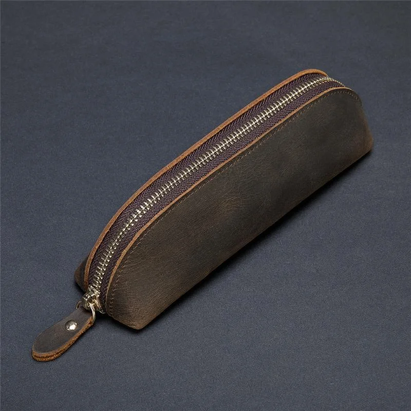 Genuine Leather Zippered Main Compartment Mobile Office Pencil USB Pouch Protection Bag