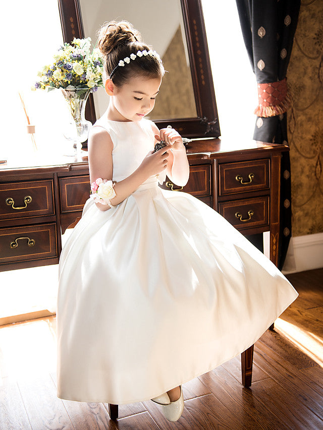 Satin Jewel Neck Sleeveless High-Waisted A-Line Flower Girl Dress With Bow | FL0660 Wellcucu
