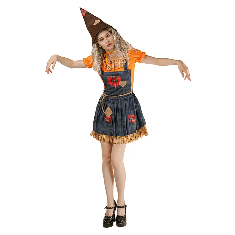 Adult Women Scarecrow Yellow Blue Dress Set Outfits Costume Halloween Performance Carnival Suit&nbsp;