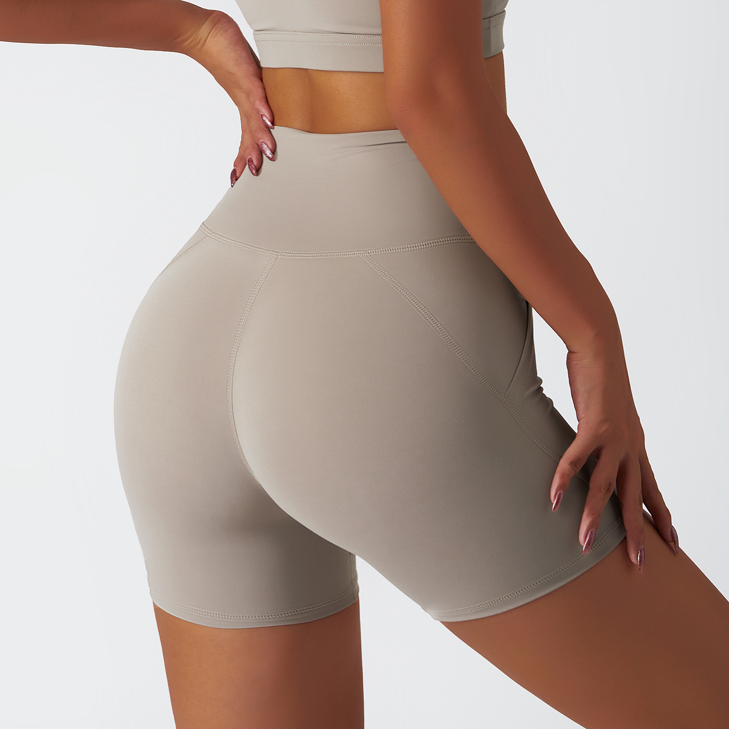 Buy Hergymclothing Oat Milk high rise no camel toe squat proof tummy control comfort lightweight buttery soft hot yoga shorts womens at an affordable price