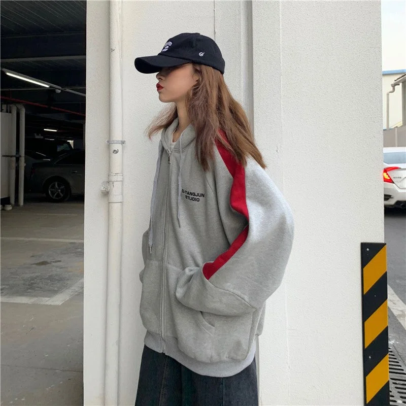 Harajuku Long Sleeve Zip Up Hoodies Women Spring Autumn Korean Fashion Female Clothes Jacket Top Oversized Hooded Sweatshirts