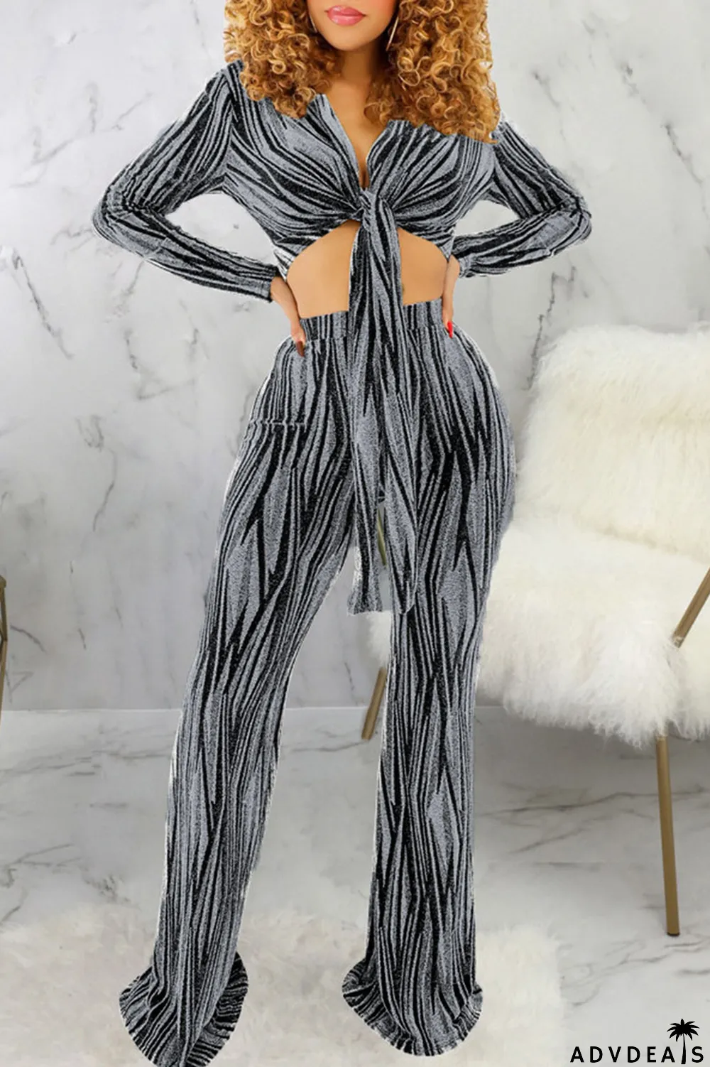 Black Sexy Print Bandage Patchwork V Neck Long Sleeve Two Pieces