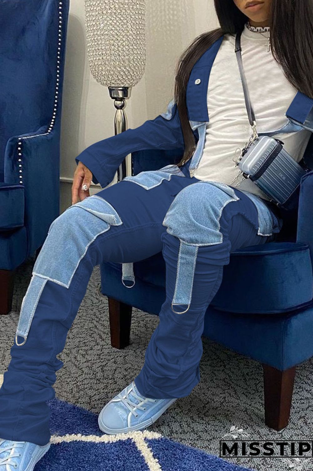 Dark Blue Street Solid Patchwork Turndown Collar Long Sleeve Two Pieces