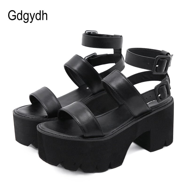 Gdgydh 2021 New Arrival Summer Women Platform Sandals Thick Bottom Ankle Strap Sandals High Heels Open Toe Black Gothic Shoes