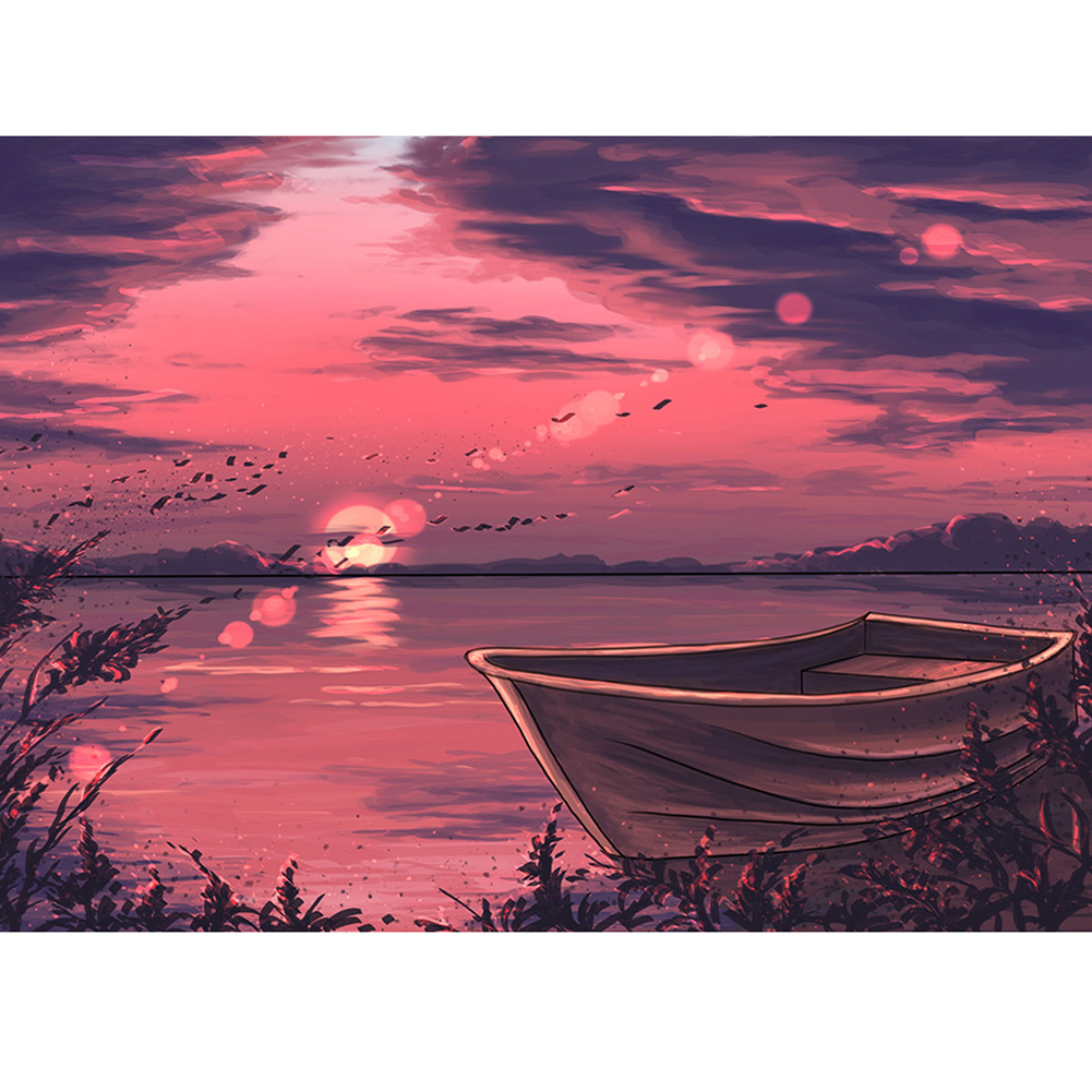 

40*30CM - Round Drill Diamond Painting - Pink Sunset Boat, 501 Original