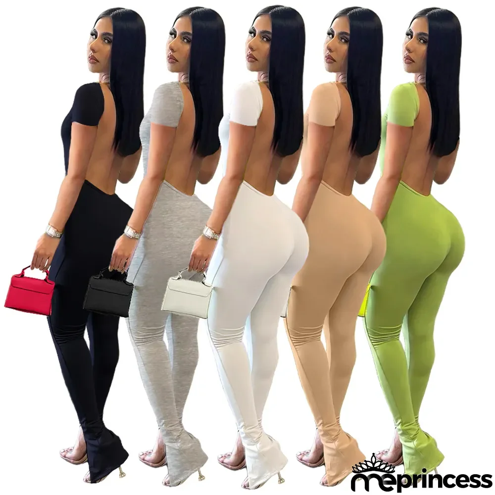 Women Sexy Solid Backless Split Flared Jumpsuit