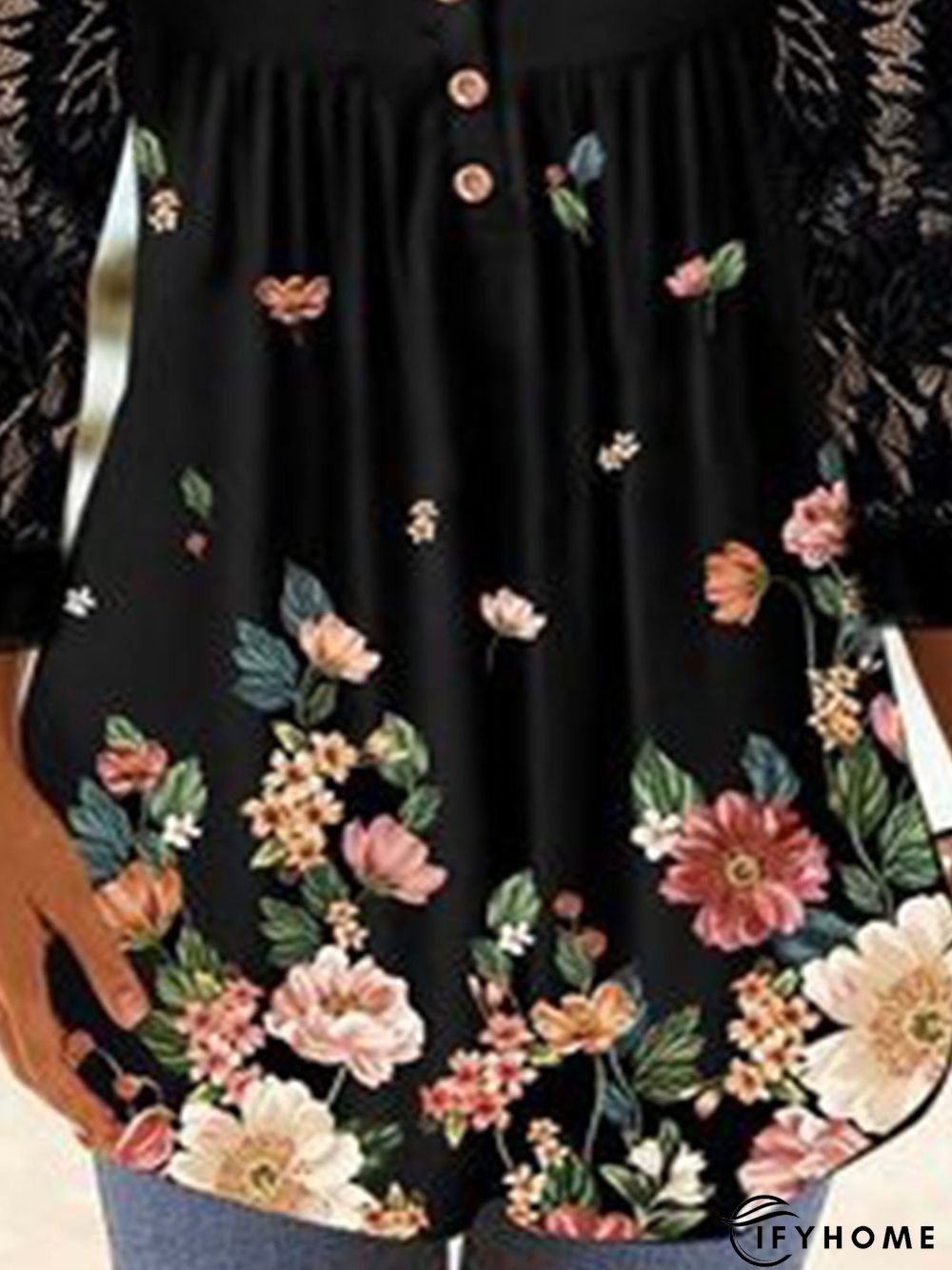 Lace 3/4 Sleeve Floral V Neck Buttoned Casual Tunic Top | IFYHOME