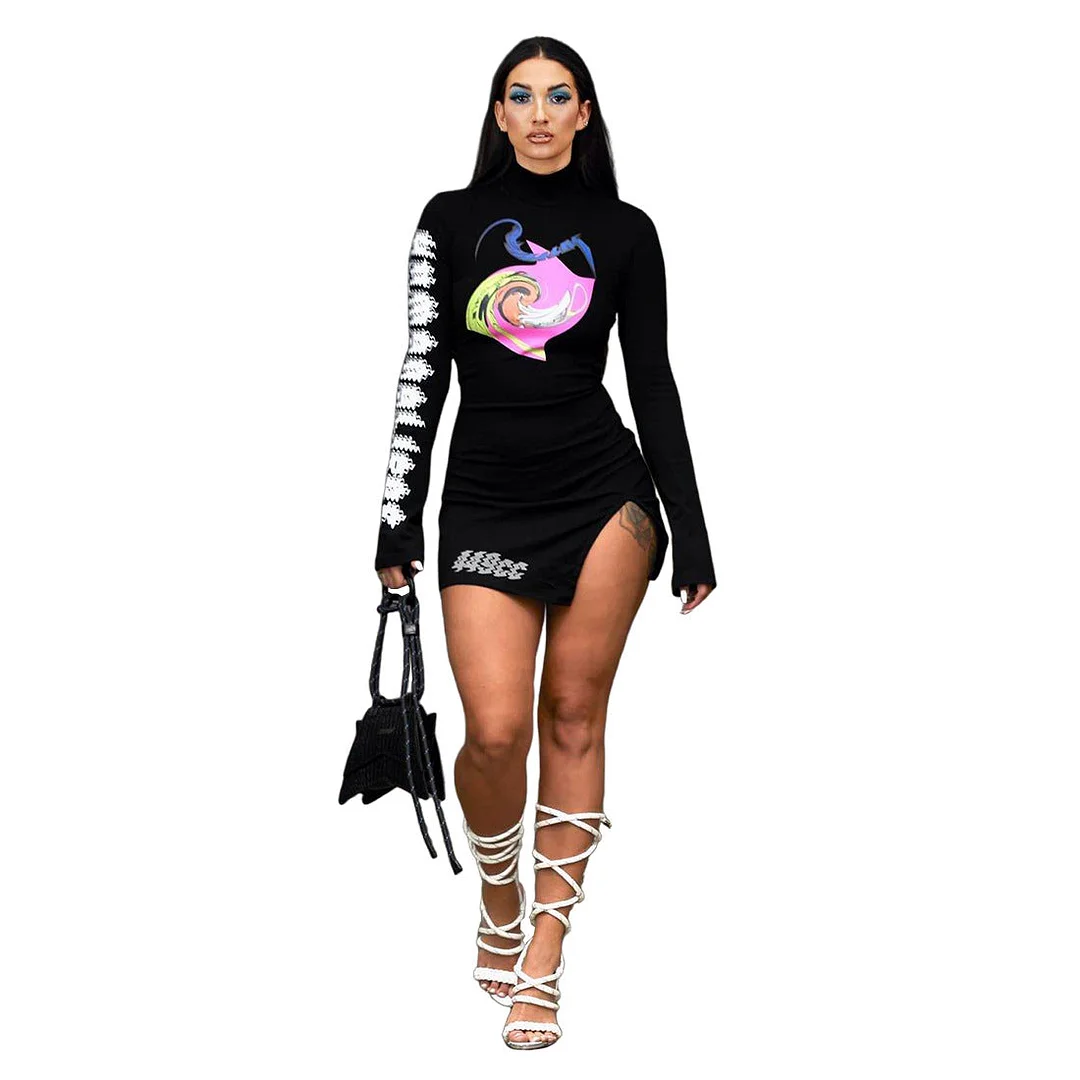 Uveng Basic Model Nightclub Printed Letter High Neck Sexy Dress