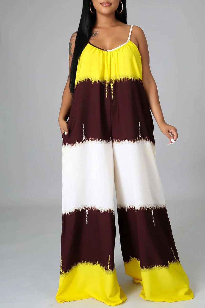 Casual Tie Dye Patchwork Spaghetti Strap Loose Jumpsuits