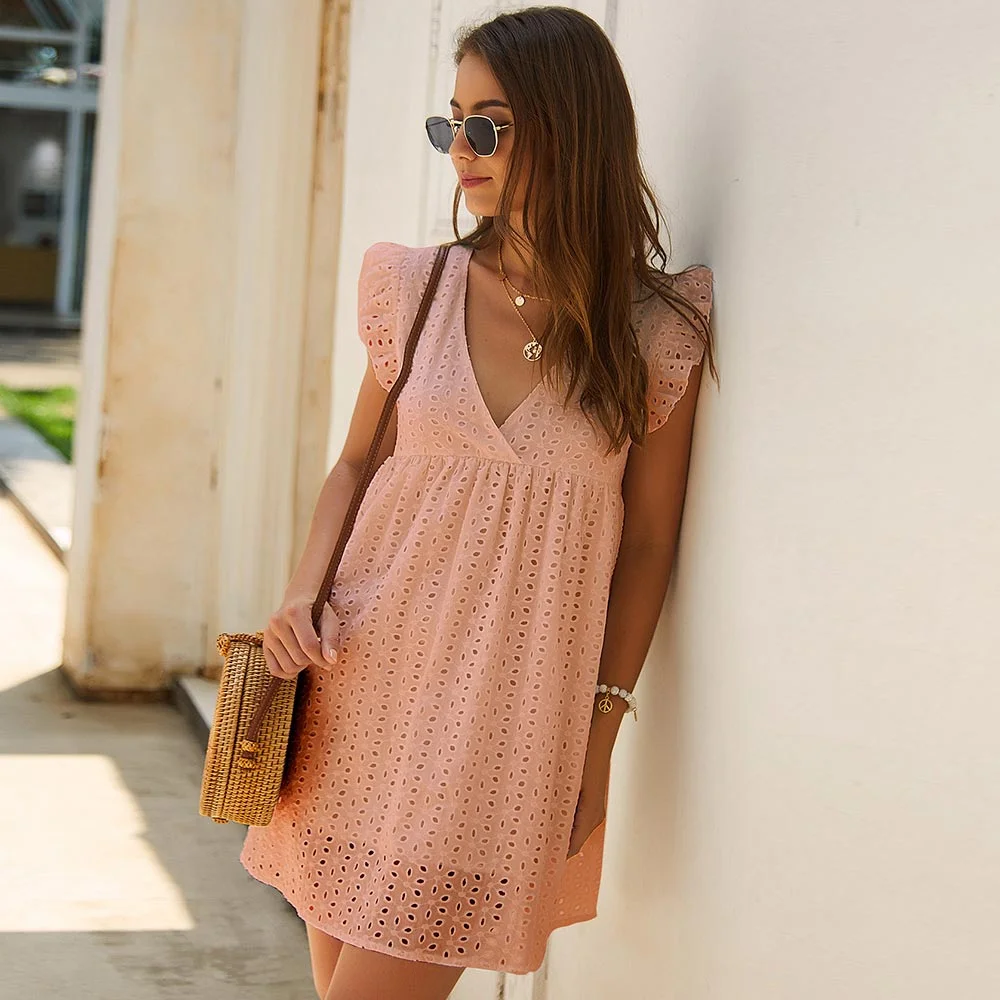 WildPinky Summer Women Lace Embroidery Sexy Dress Ruffle Sleeve Causal Pink Cotton Mini Dresses Hollow Out Short Dress Vestidos