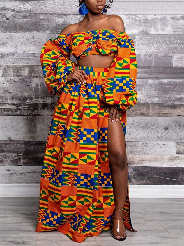 Africa Ethnic Off Shoulder Top & Skirt Set
