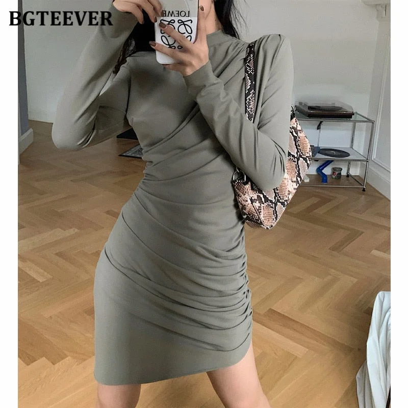 BGTEEVER Elegant Stand Collar Women Pencil Dress OL Style Full Sleeve Slim Waist Female Package Hip Mini Dress Summer Vestidos