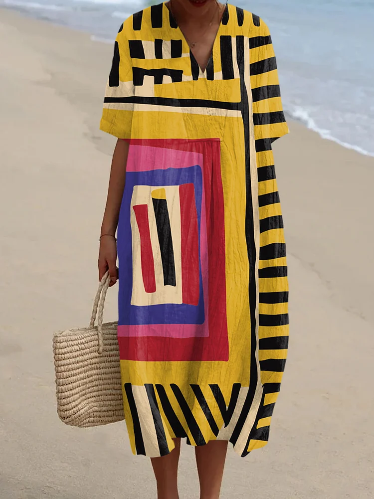 Abstract Painterly V-neck Resort Dress