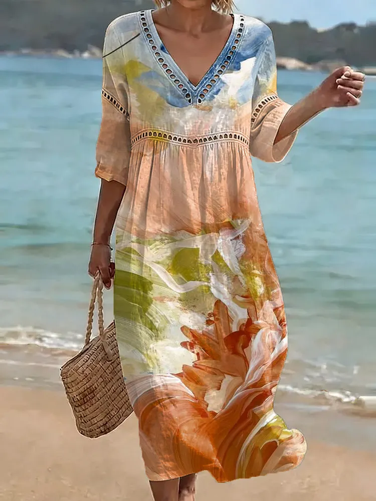 Women's Retro Color-block Floral Art Print Loose Cotton-linen Dress