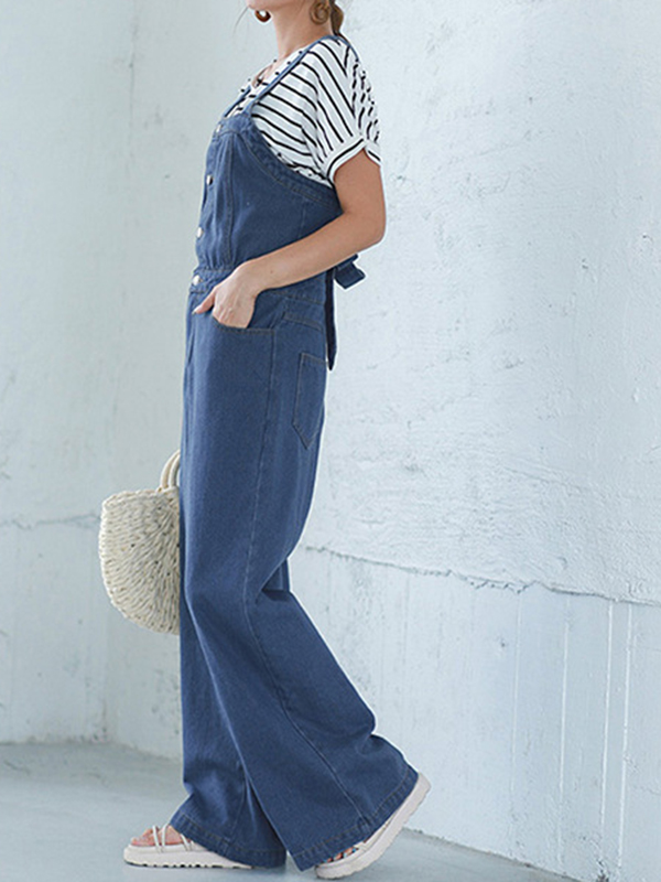 Casual Back Bow Tie Denim Jumpsuit