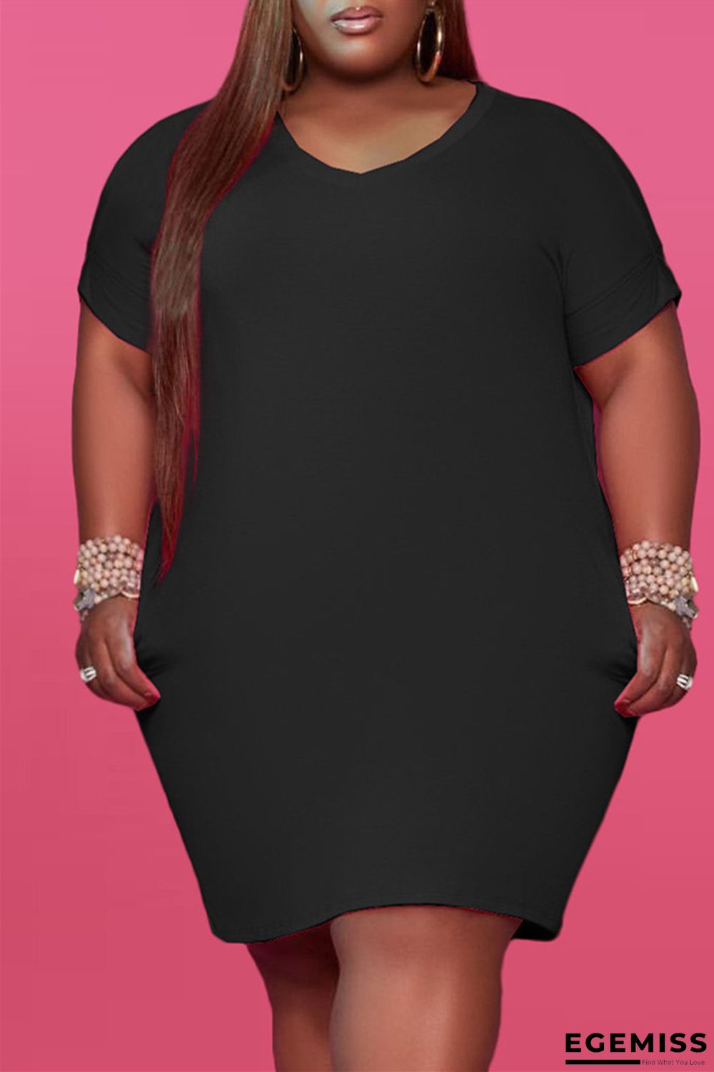 Black Fashion Casual Plus Size Solid Basic V Neck Short Sleeve Dress | EGEMISS