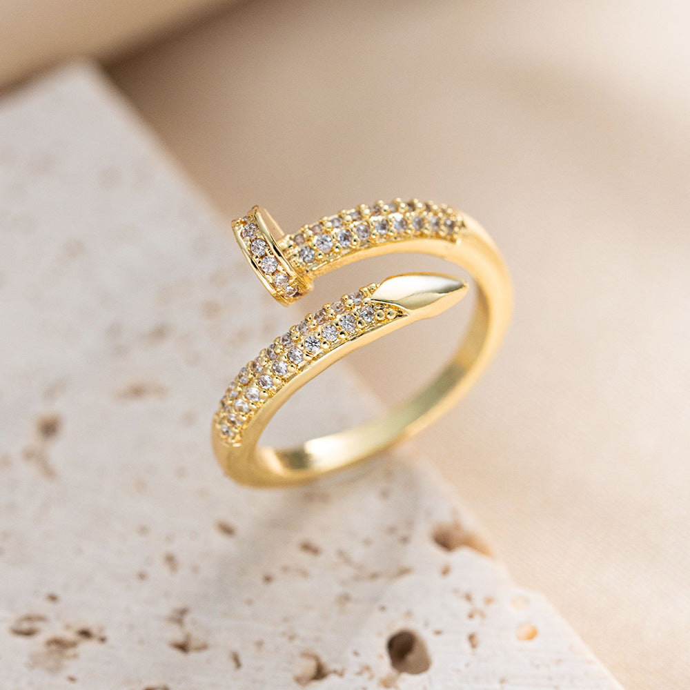 Fashion 18K Electroplated Nail-Shaped Movable Ring For Women Niche Open Adjustable Ring