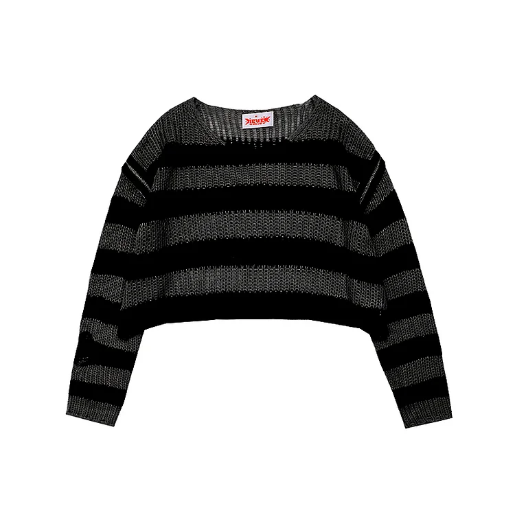Stripe Colorblock Zipper Design Hollow Out Crochet Sweater - Modakawa Modakawa