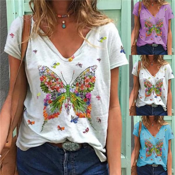 Flower Butterfly Print V-neck Short Sleeve Loose T-shirt Summer New Fashion Trendy Basic Simple Tee Ladies Cotton Top - Shop Trendy Women's Clothing | LoverChic