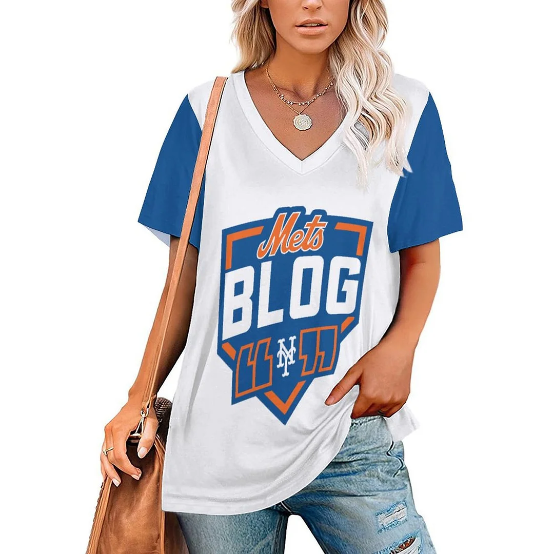 V-neck Short Sleeve Casual T-shirt for  Women Printed with Pattern , Blue, Red