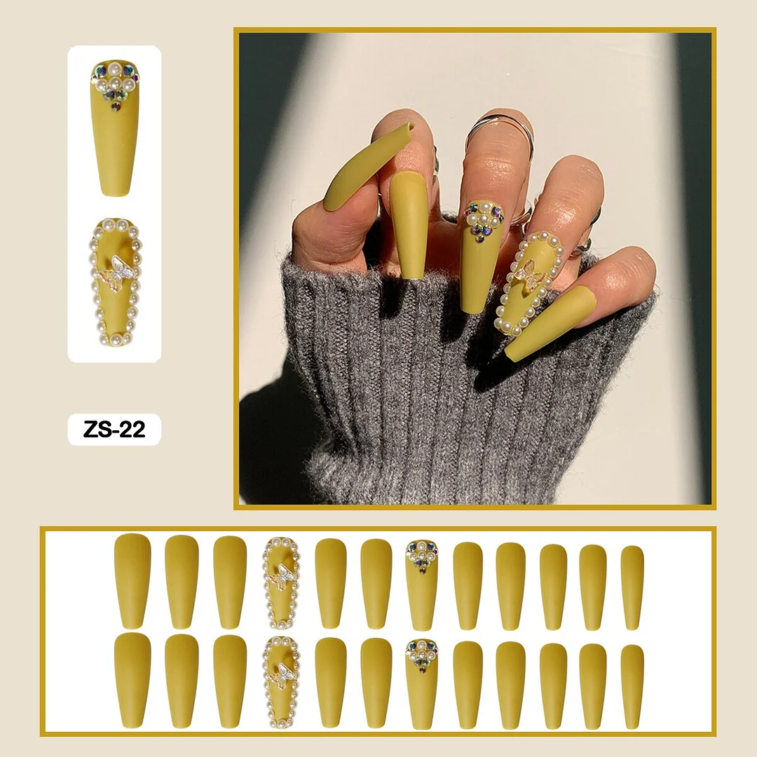 24pcs/box  Long Trapezoid Fake Nails  WIth Jewels Decorated Wearabel False Nails With Glue And Wearing Tools-Nail Inspo