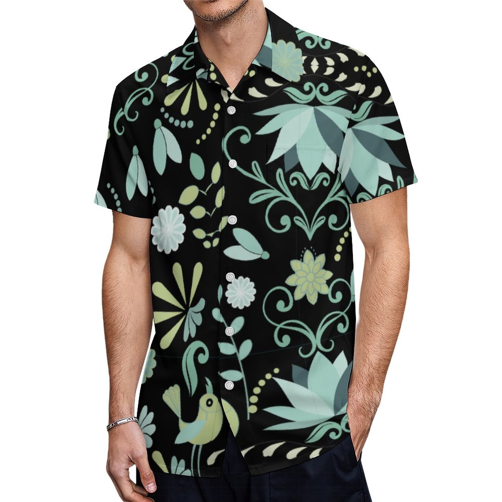Boho Birds Flowers Blue Green Black Hawaiian Shirt Mens Button Down Plus Size Tropical Hawaii Beach Shirts