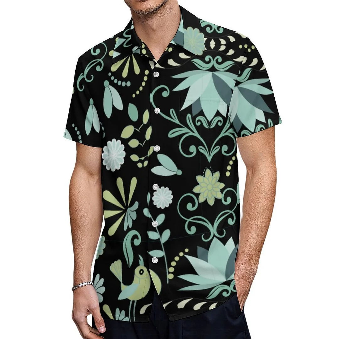 Boho Birds Flowers Blue Green Black Hawaiian Shirt Mens Button Down Plus Size Tropical Hawaii Beach Shirts