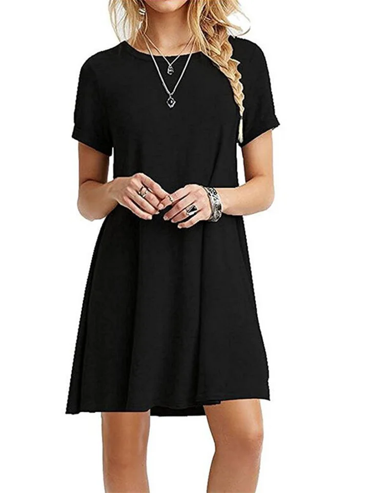 Summer Round Neck Short-sleeved Dress Women's New Hot Solid Color Dresses-Cosfine