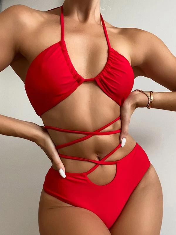 Solid Color Bandage Bikini Swimwear
