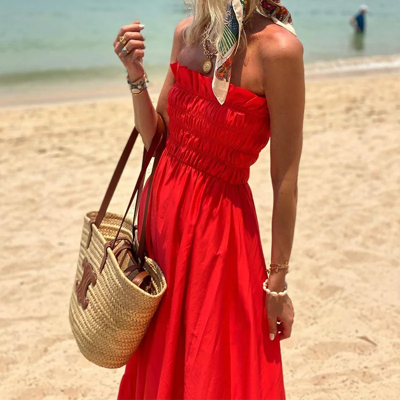 Toloer Toloer Spot Spring 2024 New Ladies Fashion Strapless Bohemian Holiday Dress-Outfit Ideas