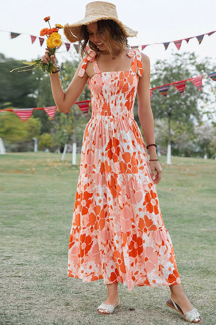Vacation Boat Neck Tied Up Ruched Tiered Pleated Floral Print A-line Slip Maxi Dresses