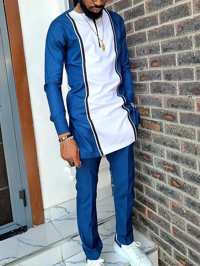 Men's fashion casual navy white printed long sleeve two-piece set