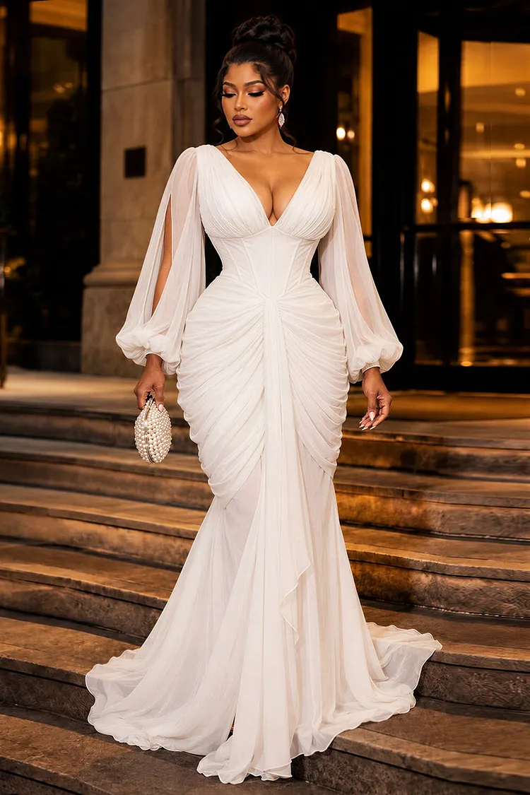 Deep V Neck Split Lantern Sleeve Ruched Maxi Dresses-White [Pre Order]