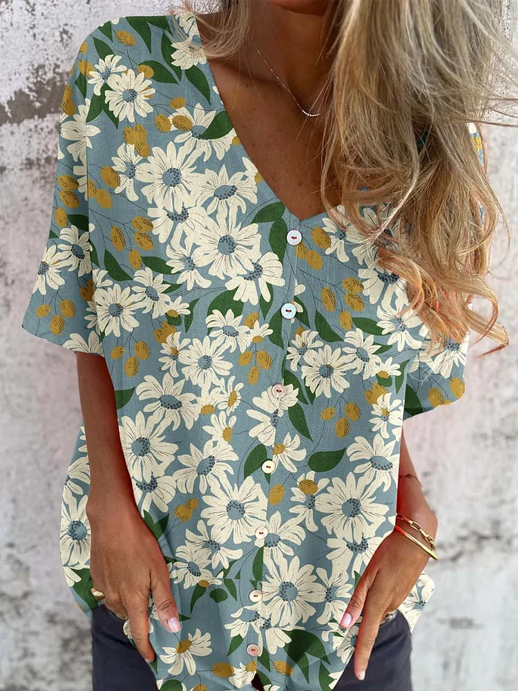 Women's Elegant Retro Floral Pattern Round Shirt Style Cotton and Linen Top