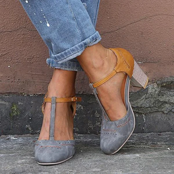 Women Vintage Color Block Sandals Casual Chunky Heel Buckle Shoes