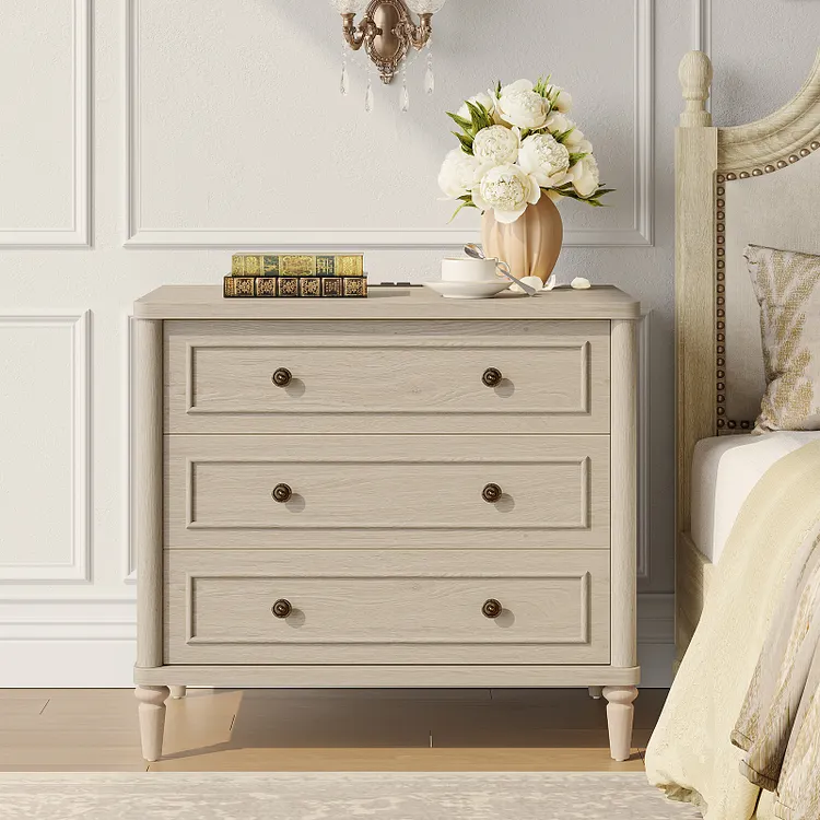 Bestier Farmhouse Nightstand with 3 Drawers, Wood Bedside Table Night Stand with Charging Station, Sofa Side End Table for Bedroom, Living Room