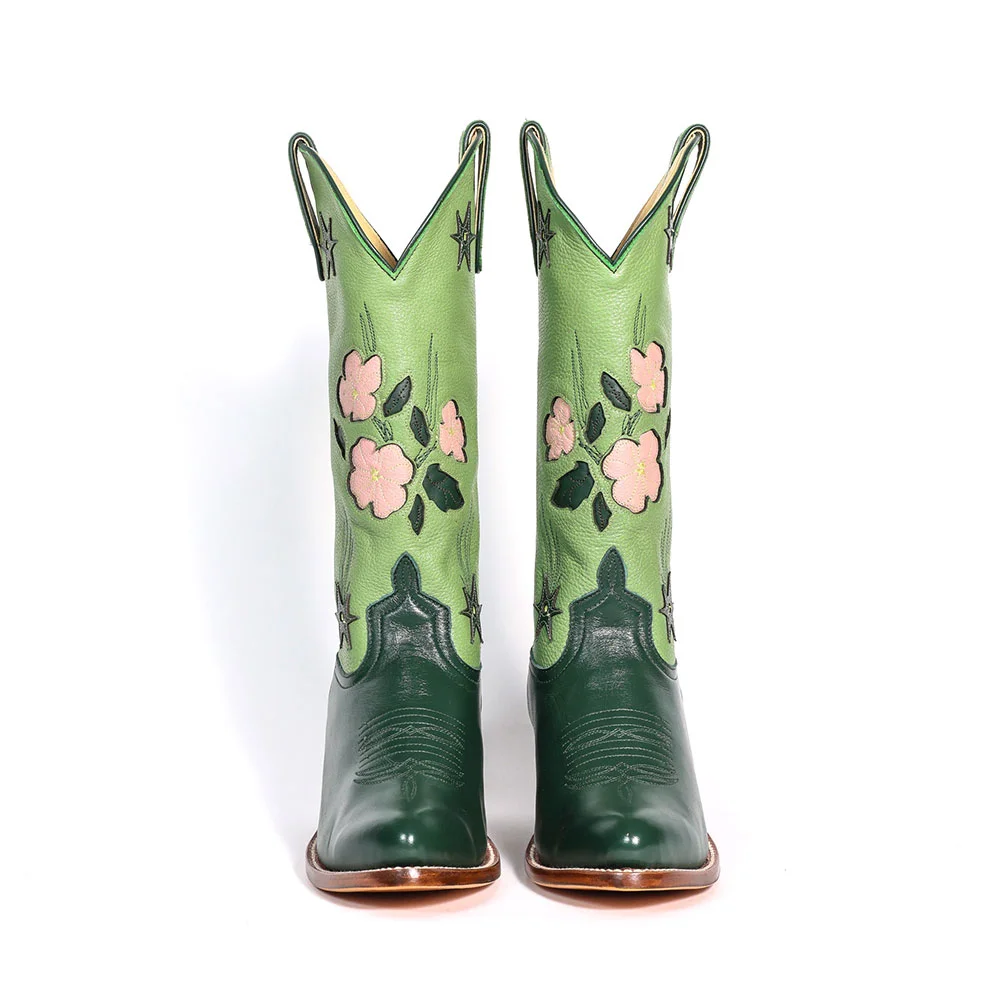 YDN Green Round Toe Stacked Heel Floral Pull-On Cowgirl Boots