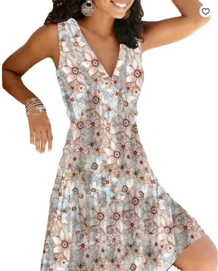 Deep V-neck Printed Pullover Sleeveless Dress-vocosishoes