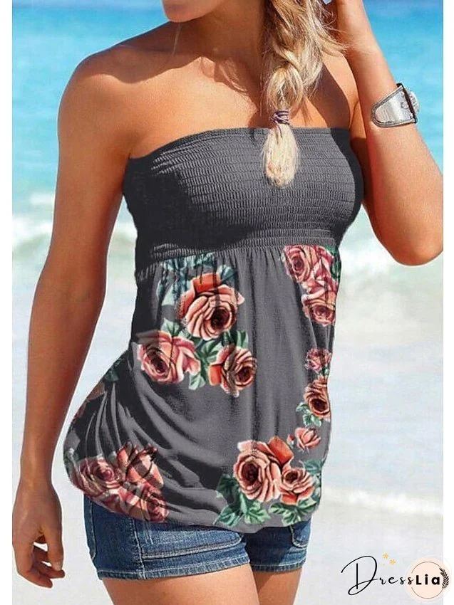 Tube Top Black White Pink Floral Color Block Print Sleeveless Casual Hawaiian Basic Beach Strapless Regular S for Women