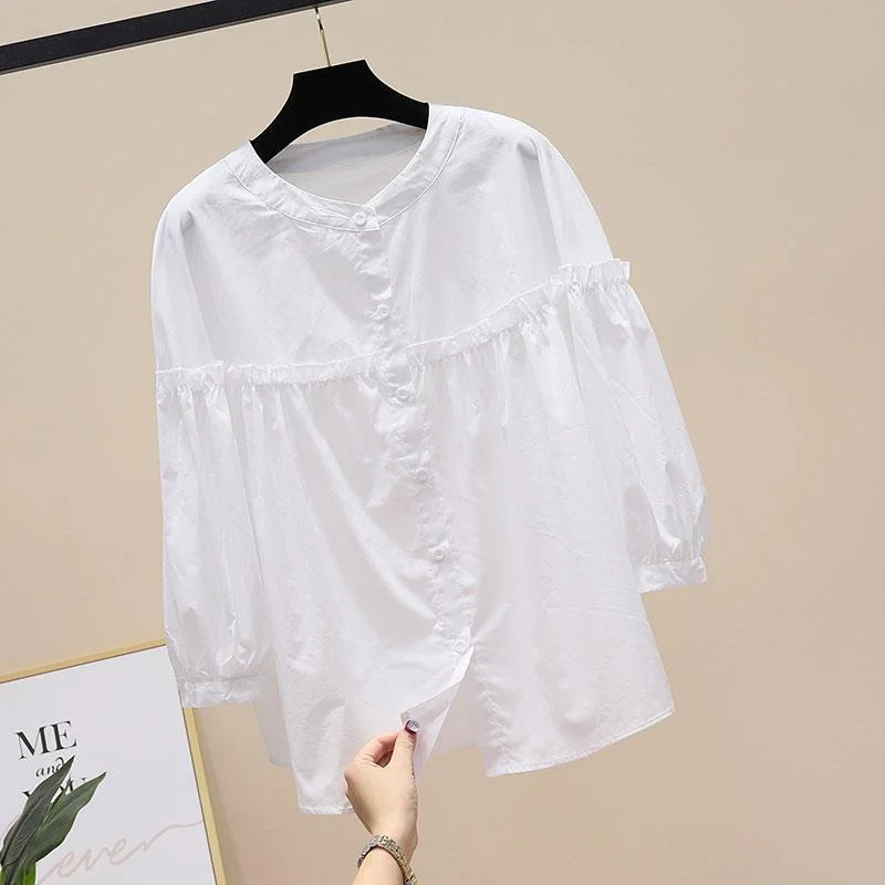 Athvotar Athvotar 2025 Spring And Autumn Korean Version Of The Round-Necked Women's Shirt Age-Old Doll Shirt Fashion Casual Thin Nine-Sleeved Lace Shirt