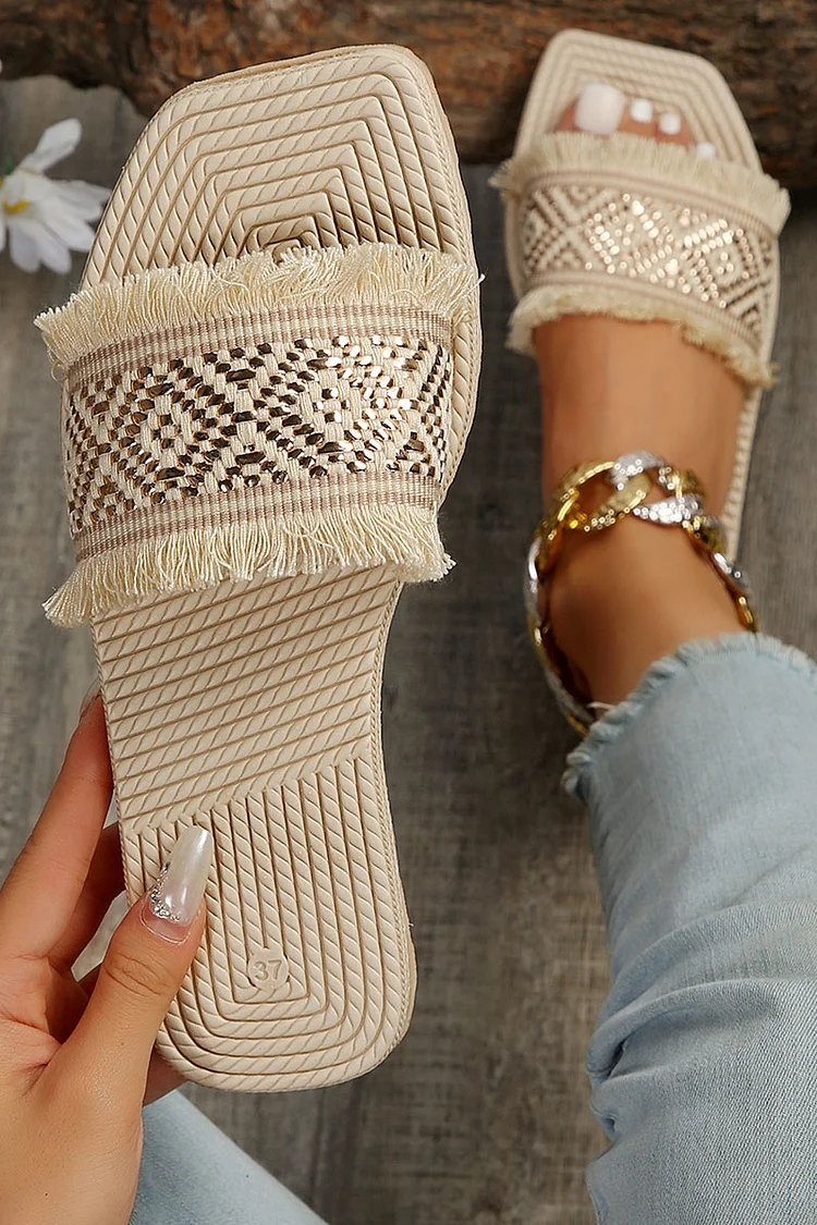 Tribal Pattern Fringed Square Toe Casual Boho Slippers
