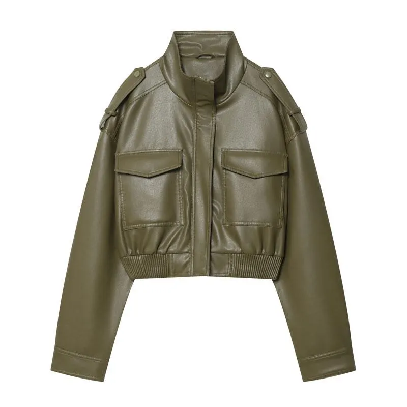 Women's Olive Green Faux Leather Bomber Moto Jacket with Stand Collar and Flap Pockets, Casual Short Layered Streetwear Outerwear Women's Olive Green Faux Leather Bomber Moto Jacket with Stand Collar and Flap Pockets, Casual Short Layered Streetwear Outerwear